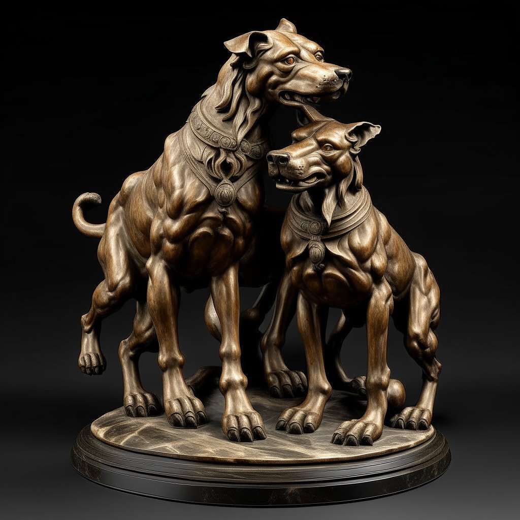 A statue depicting Cerberus, the three-headed dog of Greek mythology, guarding the gates of the underworld.