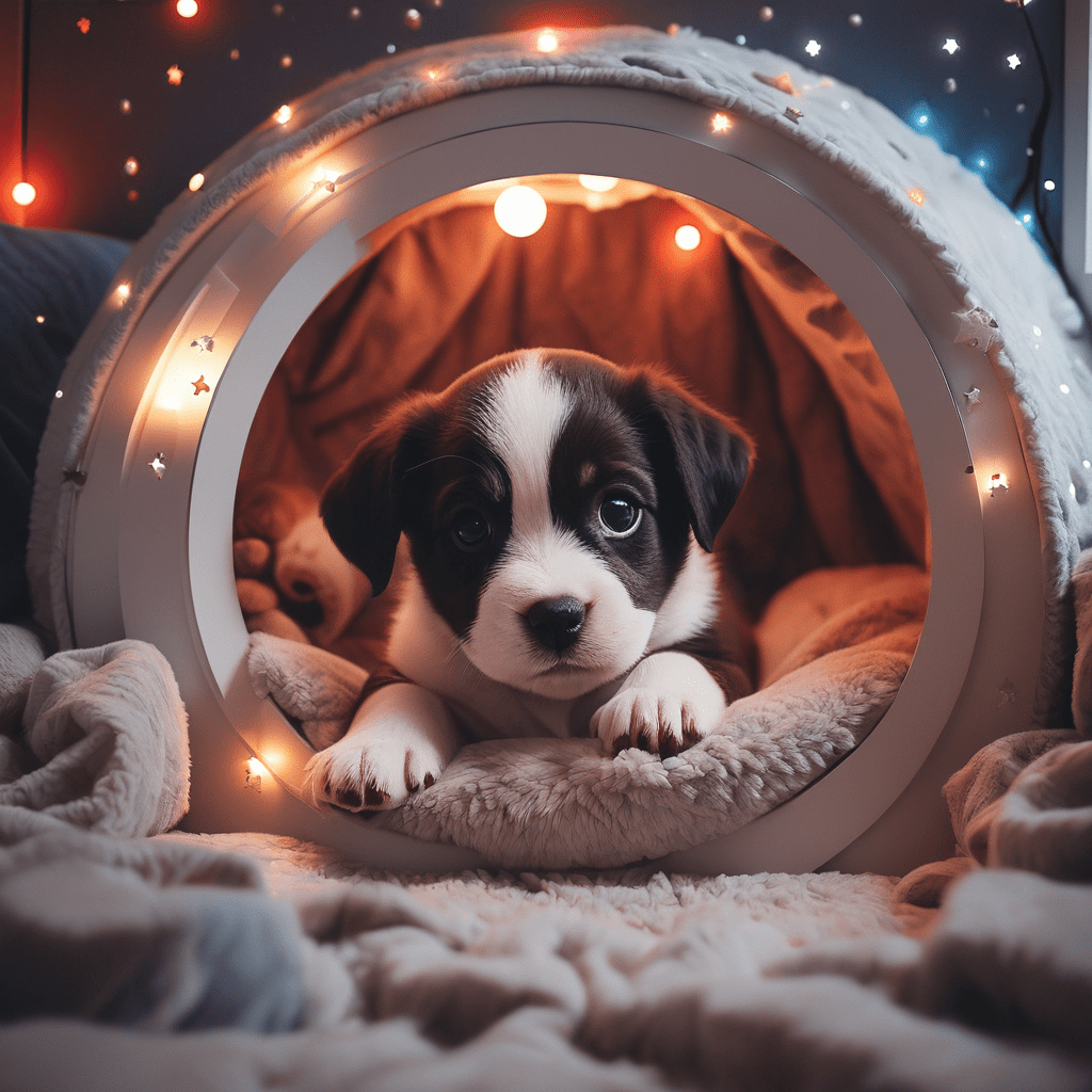 A plush dog bed with toys and treats, creating a cozy space for a Maltese puppy.