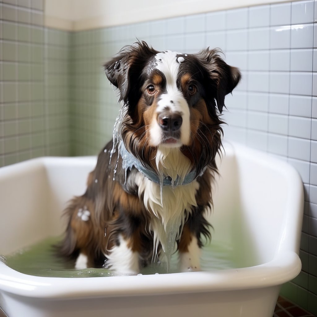 A dog being bathed with gentle soap.