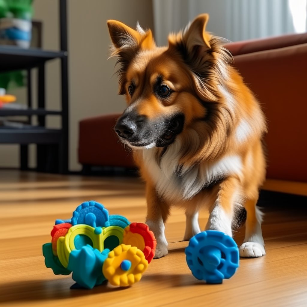 A dog playing with a puzzle toy, trying to extract a treat.