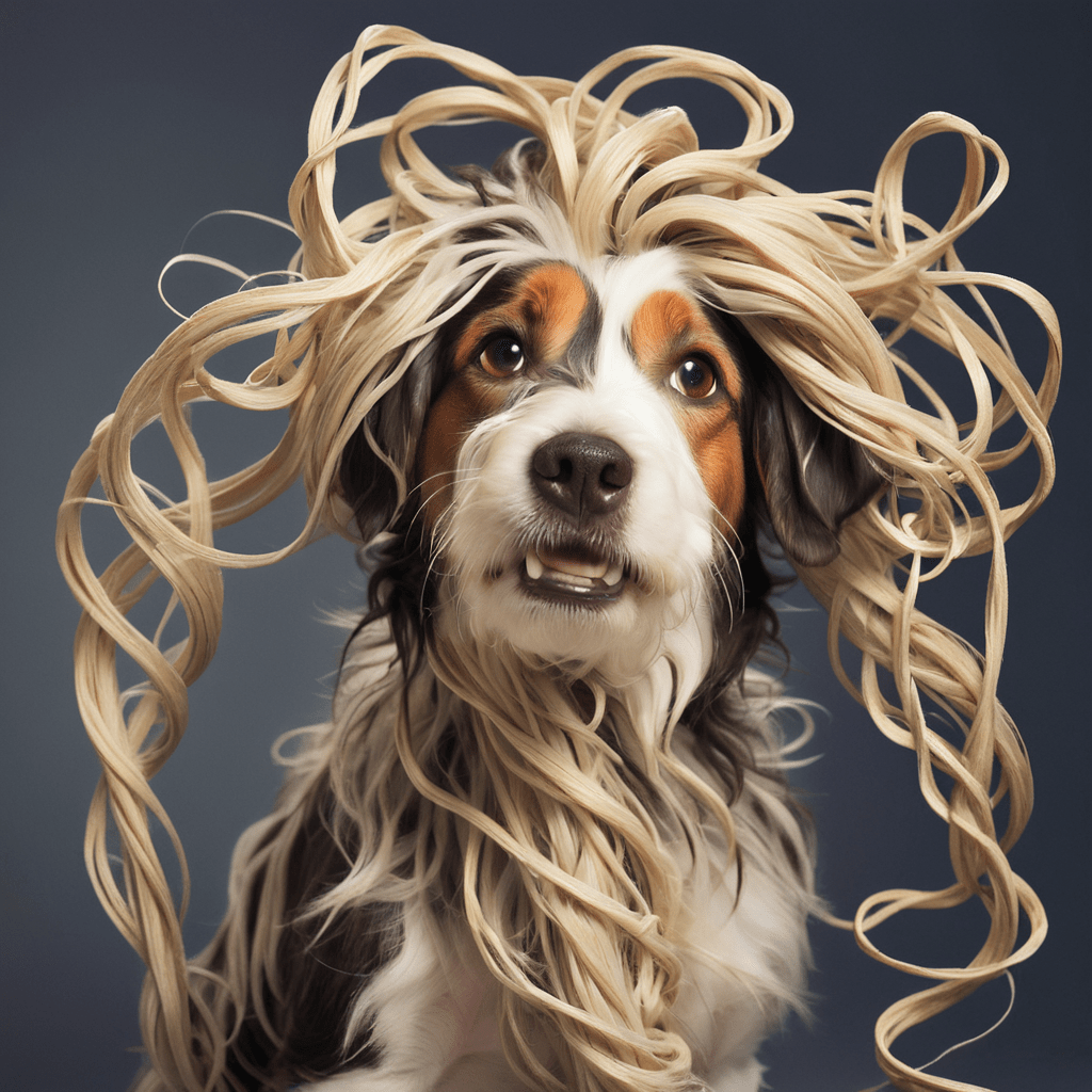 A dog with tangled hair covered in burrs.