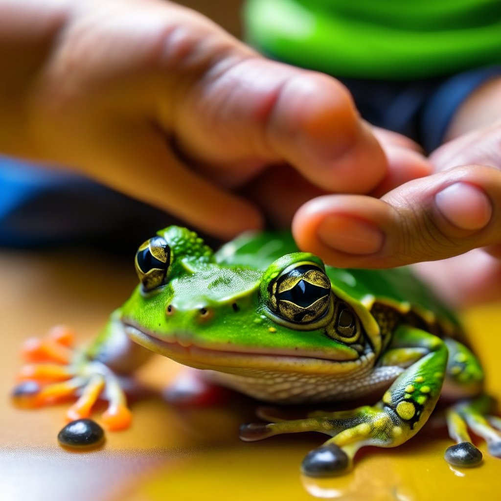 Frog owner holding a pet frog in their hand