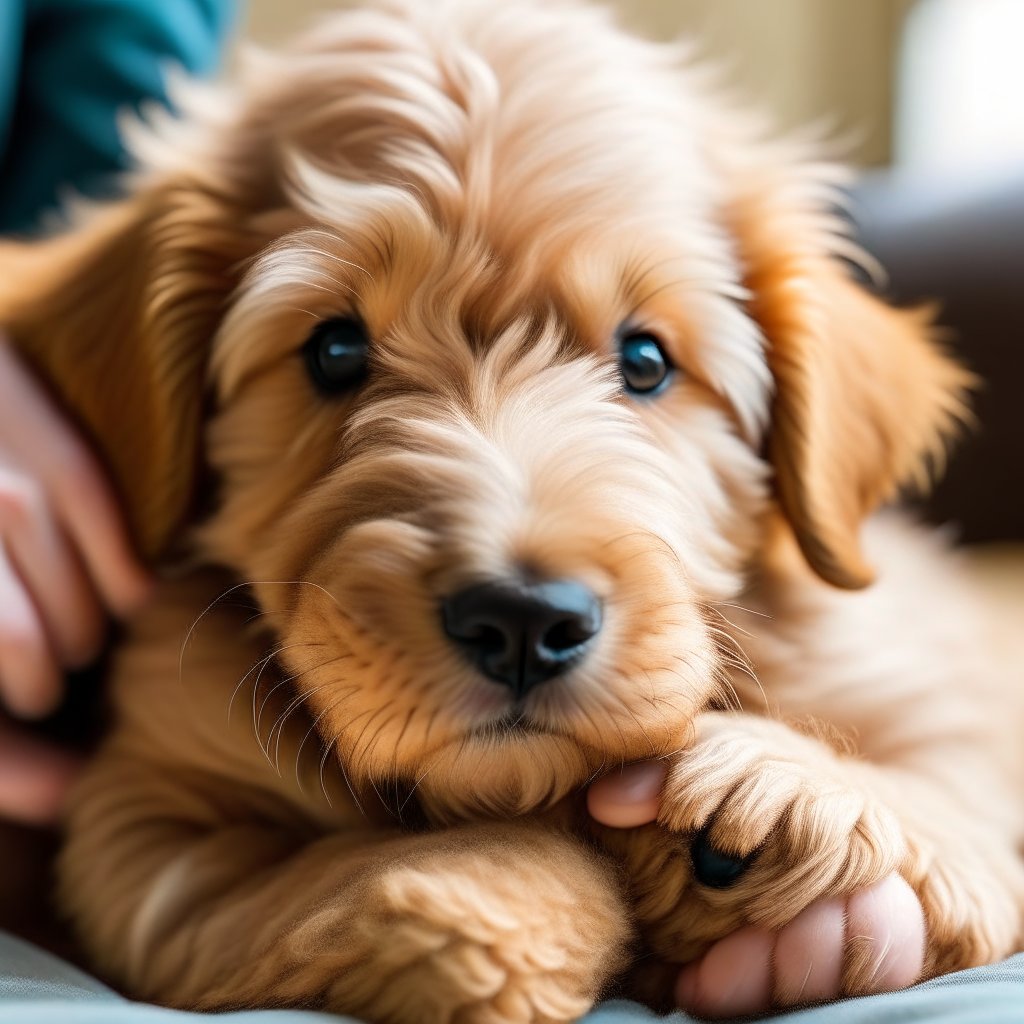 Goldendoodle Puppy Snuggling with Owner