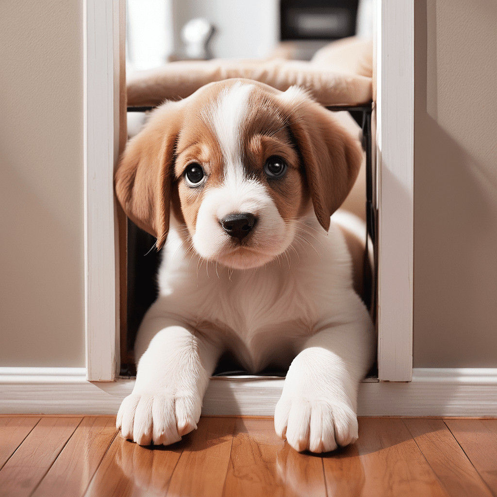 A Maltese puppy exploring a puppy-proofed living room.