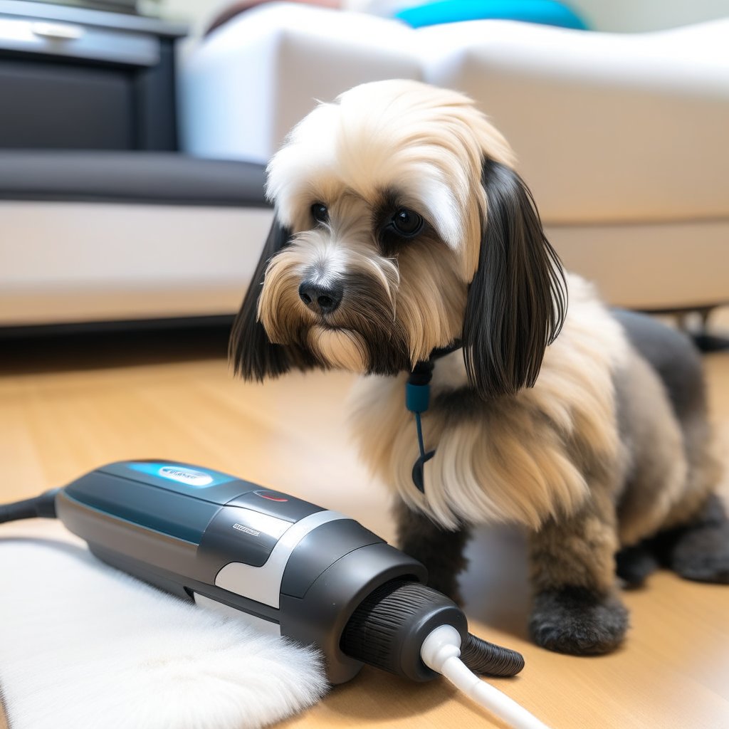 A vacuum cleaner with a pet hair attachment cleaning a bedroom floor.